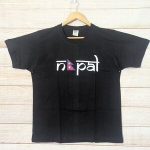 Unisex Size 42 Black 100%Cotton Top "Nepal" Print T-shirt With Nepal Flag